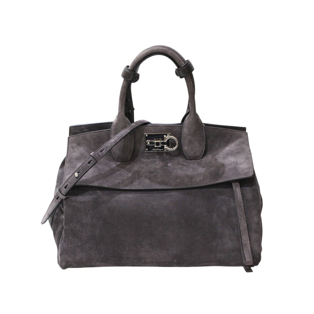 Salvatore Ferragamo Gancini Studio Bag gray suede shoulder strap